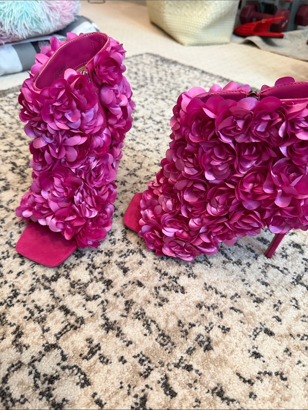 Azalea Wang Fuchsia Floral Appliqué Stiletto Booties — Women’s Heeled Boots
